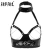 Image of Womens Femme Lingerie Cupless Bra Wetlook PU Leather Halter Neck Open Bust with Chain Tassel Sexy Dancing Clubwear Bra Tops