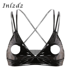 Womens Latex Bra Top with Open Cup Wetlook Leather Triangle Cups Bra Nipple Hollow Out Cross Straps Lingerie Bralette Bra Top
