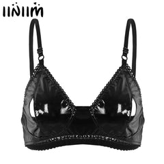 Womens Lingerie Spaghetti Straps Bra Open Hole Sissy Lingerie Sexy Cup Faux Leather Valentine Date with Nipple Splits Bra Top