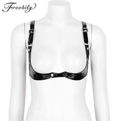 Womens Sexy Lingerie Bras for Nightclub Hot Erotic Wetlook Faux Leather Open Cup Bra Top Women Underwear Sex Clothes