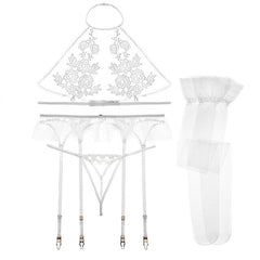 Womens Sexy Lingerie Set Bridal Wedding Sleepwear Embroidery Crochet Lace Nightwear with Veil and Stockings