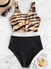 Image of ZAFUL Animal Print Knotted Mix And Match Tankini Swimwear High Waisted Scoop Neck Padded Women Sexy Leopard Push Up Bathing Suit