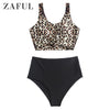 Image of ZAFUL Animal Print Knotted Mix And Match Tankini Swimwear High Waisted Scoop Neck Padded Women Sexy Leopard Push Up Bathing Suit