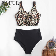 ZAFUL Animal Print Knotted Mix And Match Tankini Swimwear High Waisted Scoop Neck Padded Women Sexy Leopard Push Up Bathing Suit