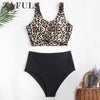 Image of ZAFUL Animal Print Knotted Mix And Match Tankini Swimwear High Waisted Scoop Neck Padded Women Sexy Leopard Push Up Bathing Suit
