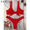 Image of ZAFUL Bikini Knotted Padded Thong Bikini Set Women Swimwear Swimsuit Scoop Neck Solid High Cut Bathing Suit Brazilian Biquni