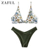 Image of ZAFUL Bikini Push Up Flower Mix And Match Bikini Set Plunging Neck Prairie Chic Swim Suit Beach Holiday Casual Bathing Suit