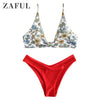 Image of ZAFUL Bikini Push Up Flower Mix And Match Bikini Set Plunging Neck Prairie Chic Swim Suit Beach Holiday Casual Bathing Suit