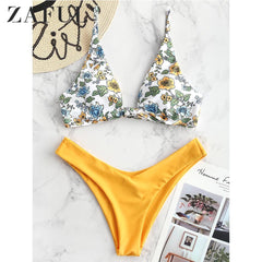 ZAFUL Bikini Push Up Flower Mix And Match Bikini Set Plunging Neck Prairie Chic Swim Suit Beach Holiday Casual Bathing Suit