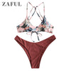 Image of ZAFUL Bikini Women Floral Strappy Mix Match Bikini Set Padded Spaghetti Straps Wire Free Swim Suit Strappy Swimwear Bathing Suit