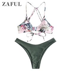 ZAFUL Bikini Women Floral Strappy Mix Match Bikini Set Padded Spaghetti Straps Wire Free Swim Suit Strappy Swimwear Bathing Suit