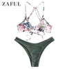 Image of ZAFUL Bikini Women Floral Strappy Mix Match Bikini Set Padded Spaghetti Straps Wire Free Swim Suit Strappy Swimwear Bathing Suit
