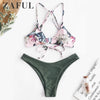 Image of ZAFUL Bikini Women Floral Strappy Mix Match Bikini Set Padded Spaghetti Straps Wire Free Swim Suit Strappy Swimwear Bathing Suit
