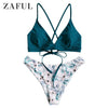 Image of ZAFUL Cami Flower Mix and Match Bikini Set Spaghetti Straps Criss-Cross Floral Women Padded Swimwear Push Up Bathing Suit 2019