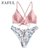 Image of ZAFUL Cami Flower Mix and Match Bikini Set Spaghetti Straps Criss-Cross Floral Women Padded Swimwear Push Up Bathing Suit 2019