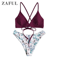 ZAFUL Cami Flower Mix and Match Bikini Set Spaghetti Straps Criss-Cross Floral Women Padded Swimwear Push Up Bathing Suit 2019