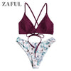 Image of ZAFUL Cami Flower Mix and Match Bikini Set Spaghetti Straps Criss-Cross Floral Women Padded Swimwear Push Up Bathing Suit 2019