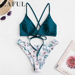 ZAFUL Cami Flower Mix and Match Bikini Set Spaghetti Straps Criss-Cross Floral Women Padded Swimwear Push Up Bathing Suit 2019