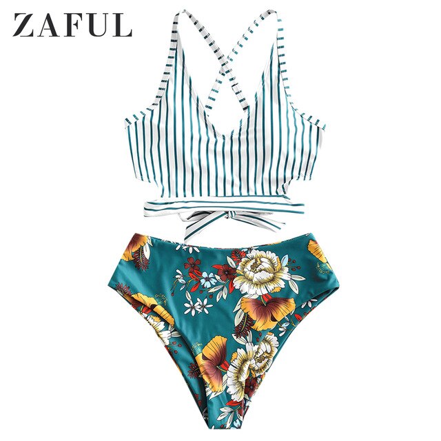ZAFUL Crisscross Knot Floral Striped Tankini Swimsuit Hit Floral Print Mix Match Crop Top Swimsuit Removable Padded Bikinis Set