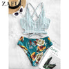 Image of ZAFUL Crisscross Knot Floral Striped Tankini Swimsuit Hit Floral Print Mix Match Crop Top Swimsuit Removable Padded Bikinis Set