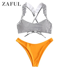 ZAFUL Striped Ruffle Mix And Match Bikini Swimwear Two Pieces Swimsuit Padded High Cut Ruffles Bikini Lacing Back Beachwear