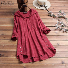 ZANZEA 2019 Autumn Plaid Checked Hoodies Blouse Women Long Sleeve Shirt Casual Linen Tunic Tops Hooded Blusas Chemise Femme 5XL