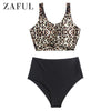 Image of Zaful Animal Print Knotted Mix and Match Tankini Swimwear High waisted Bikini set Leopard Tiger snake fashion print