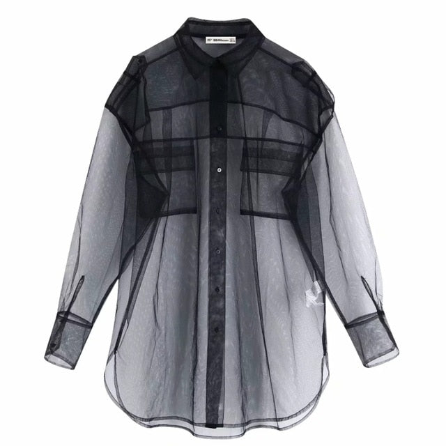 new women sexy pocket decoration transparent mesh blouse long sleeve smock shirts leisure sunscreen chemise blusas tops LS3964