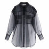 Image of new women sexy pocket decoration transparent mesh blouse long sleeve smock shirts leisure sunscreen chemise blusas tops LS3964