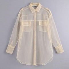 new women sexy pocket decoration transparent mesh blouse long sleeve smock shirts leisure sunscreen chemise blusas tops LS3964