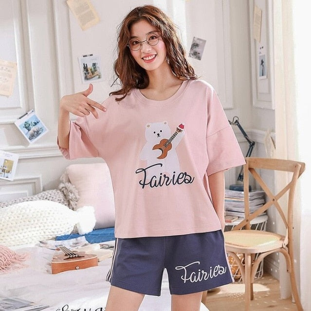 short pants + short sleeve tops pajamas sets cotton nightwear big yards M-XXL cartoon pyjamas women summer sleepwear 2pcs/set