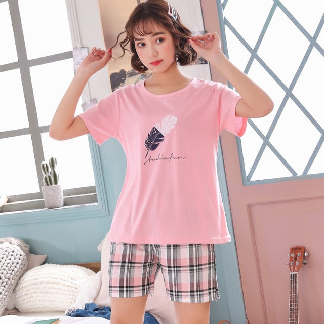 short pants + short sleeve tops pajamas sets cotton nightwear big yards M-XXL cartoon pyjamas women summer sleepwear 2pcs/set