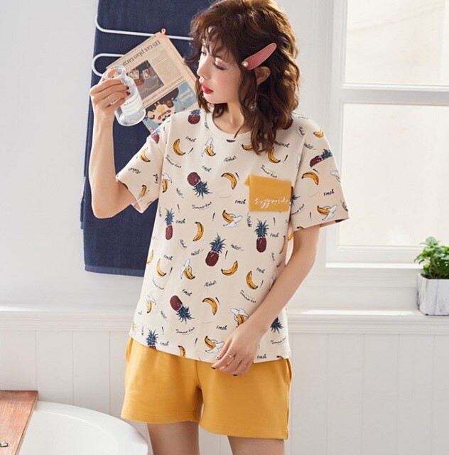 short pants + short sleeve tops pajamas sets cotton nightwear big yards M-XXL cartoon pyjamas women summer sleepwear 2pcs/set