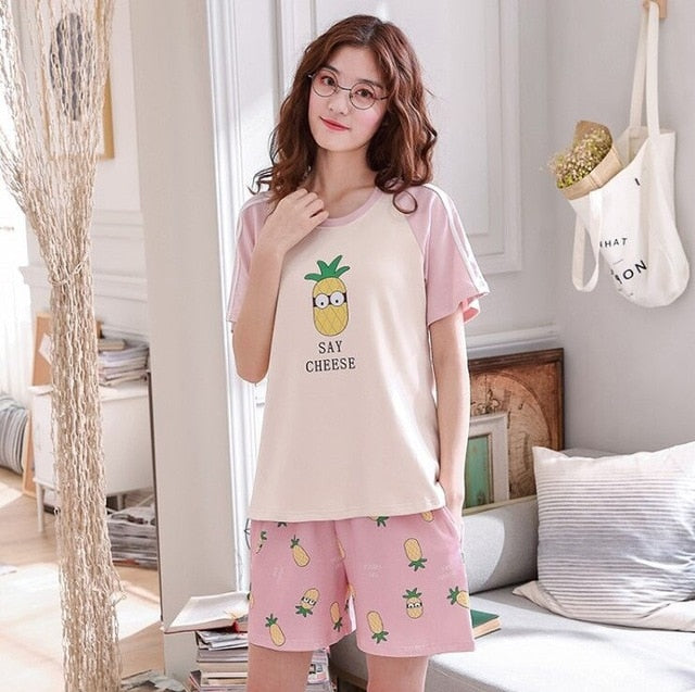 short pants + short sleeve tops pajamas sets cotton nightwear big yards M-XXL cartoon pyjamas women summer sleepwear 2pcs/set