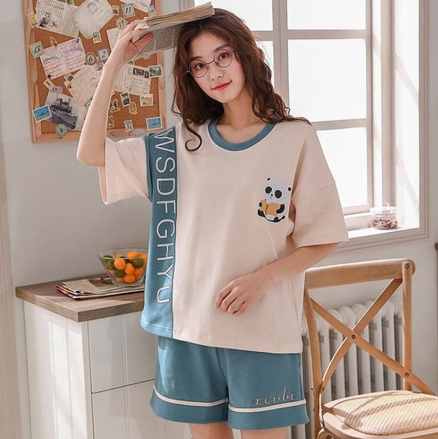 short pants + short sleeve tops pajamas sets cotton nightwear big yards M-XXL cartoon pyjamas women summer sleepwear 2pcs/set