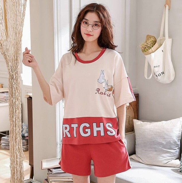 short pants + short sleeve tops pajamas sets cotton nightwear big yards M-XXL cartoon pyjamas women summer sleepwear 2pcs/set