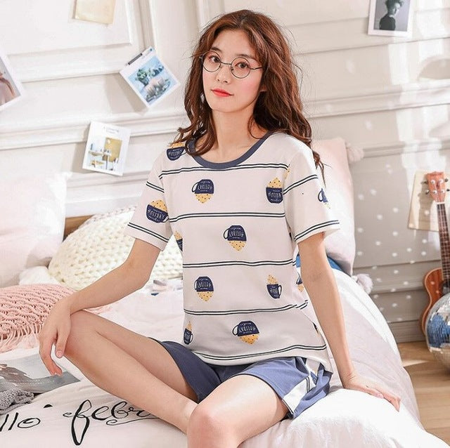 short pants + short sleeve tops pajamas sets cotton nightwear big yards M-XXL cartoon pyjamas women summer sleepwear 2pcs/set