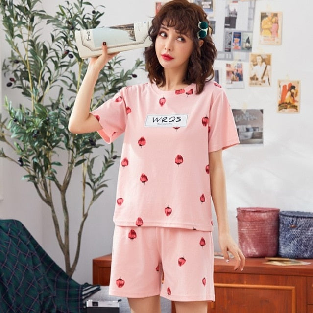 short pants + short sleeve tops pajamas sets cotton nightwear big yards M-XXL cartoon pyjamas women summer sleepwear 2pcs/set