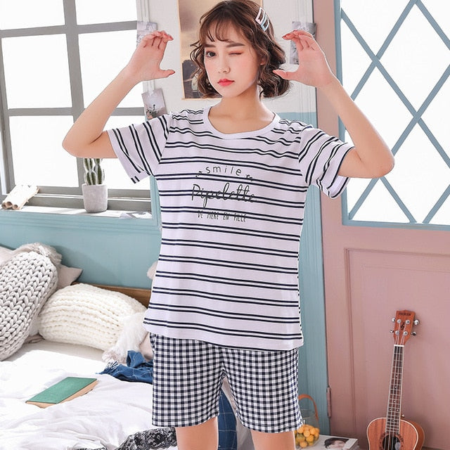 short pants + short sleeve tops pajamas sets cotton nightwear big yards M-XXL cartoon pyjamas women summer sleepwear 2pcs/set