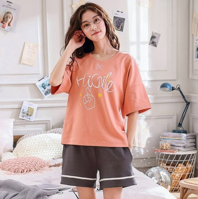 short pants + short sleeve tops pajamas sets cotton nightwear big yards M-XXL cartoon pyjamas women summer sleepwear 2pcs/set