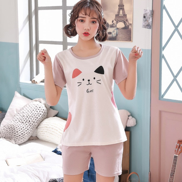 short pants + short sleeve tops pajamas sets cotton nightwear big yards M-XXL cartoon pyjamas women summer sleepwear 2pcs/set