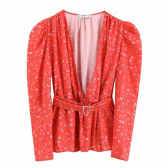 women elegant floral print causal smock blouse shirts women v neck chic kimono blusas autumn sashes ruffles chemise tops LS4090