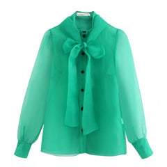 women solid color bow collar organza casual smock Shirts blouses women long sleeve transparent roupas chic chemise shirt LS4176