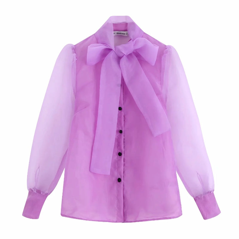 women solid color bow collar organza casual smock Shirts blouses women long sleeve transparent roupas chic chemise shirt LS4176