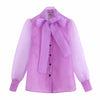 Image of women solid color bow collar organza casual smock Shirts blouses women long sleeve transparent roupas chic chemise shirt LS4176