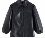 women vintage PU Leather lantern sleeve black blouses shirts women chi single breasted casual blusas retro chemise tops LS4177