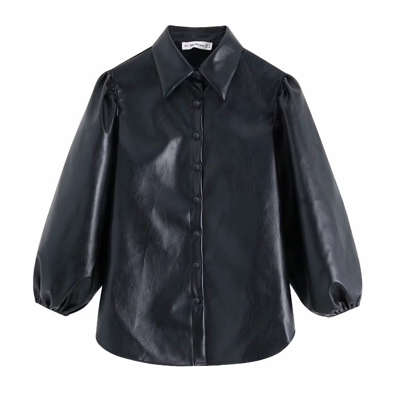 women vintage PU Leather lantern sleeve black blouses shirts women chi single breasted casual blusas retro chemise tops LS4177